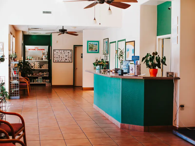 The lobby and its teal reception desk.