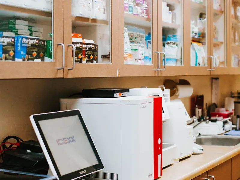 The in-house pharmacy and laboratory shelving.
