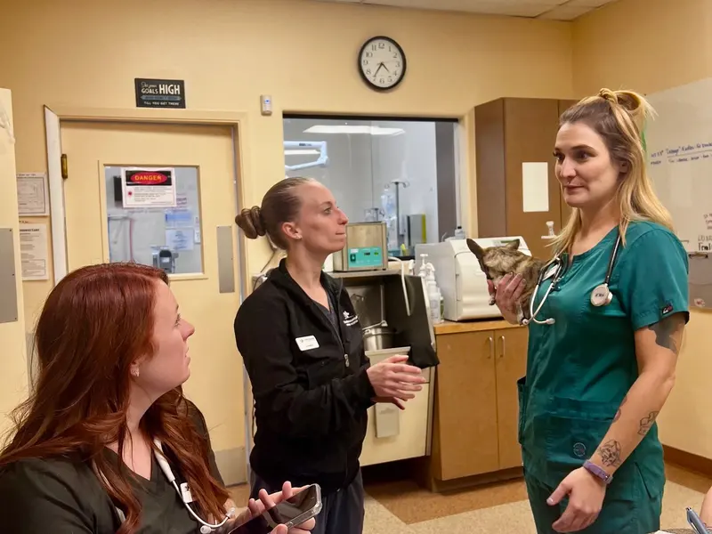 Technicians with young visitors and a patient.
