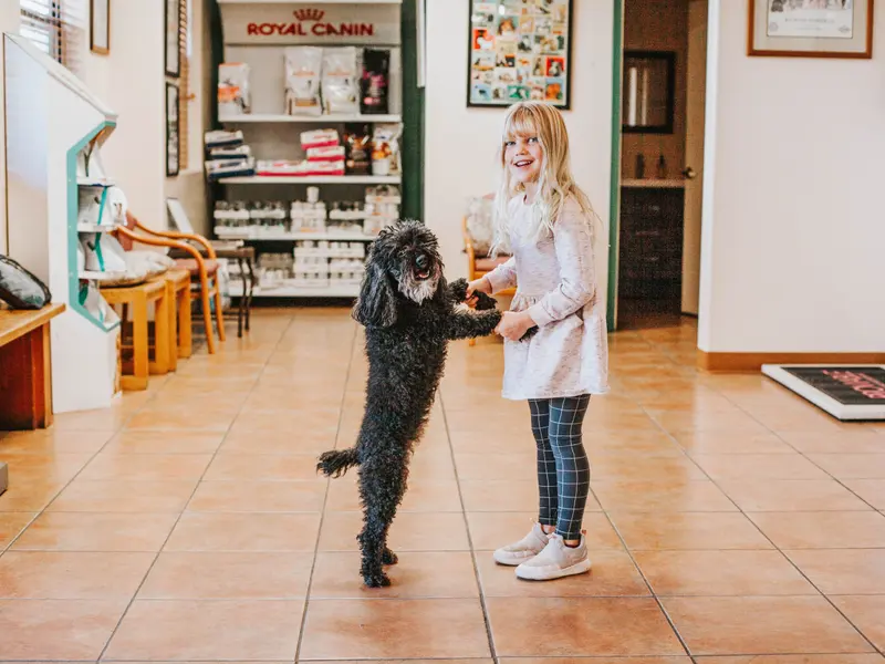 Maeva with Ebony the poodle at the hospital.