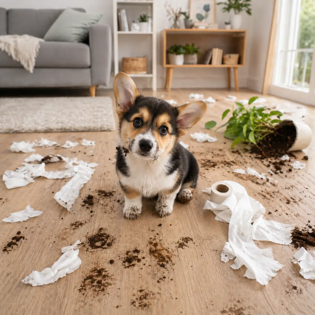 A young corgi puppy stands amidst a torn roll of toilet paper and a tipped-over houseplant.