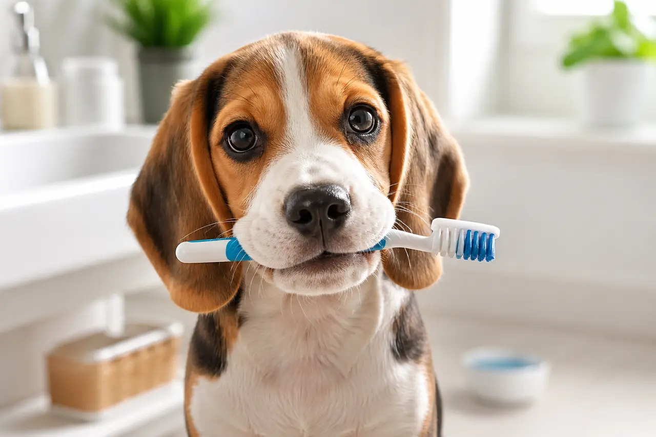A beagle puppy looks at the camera with a pet toothbrush held gently in its mouth.