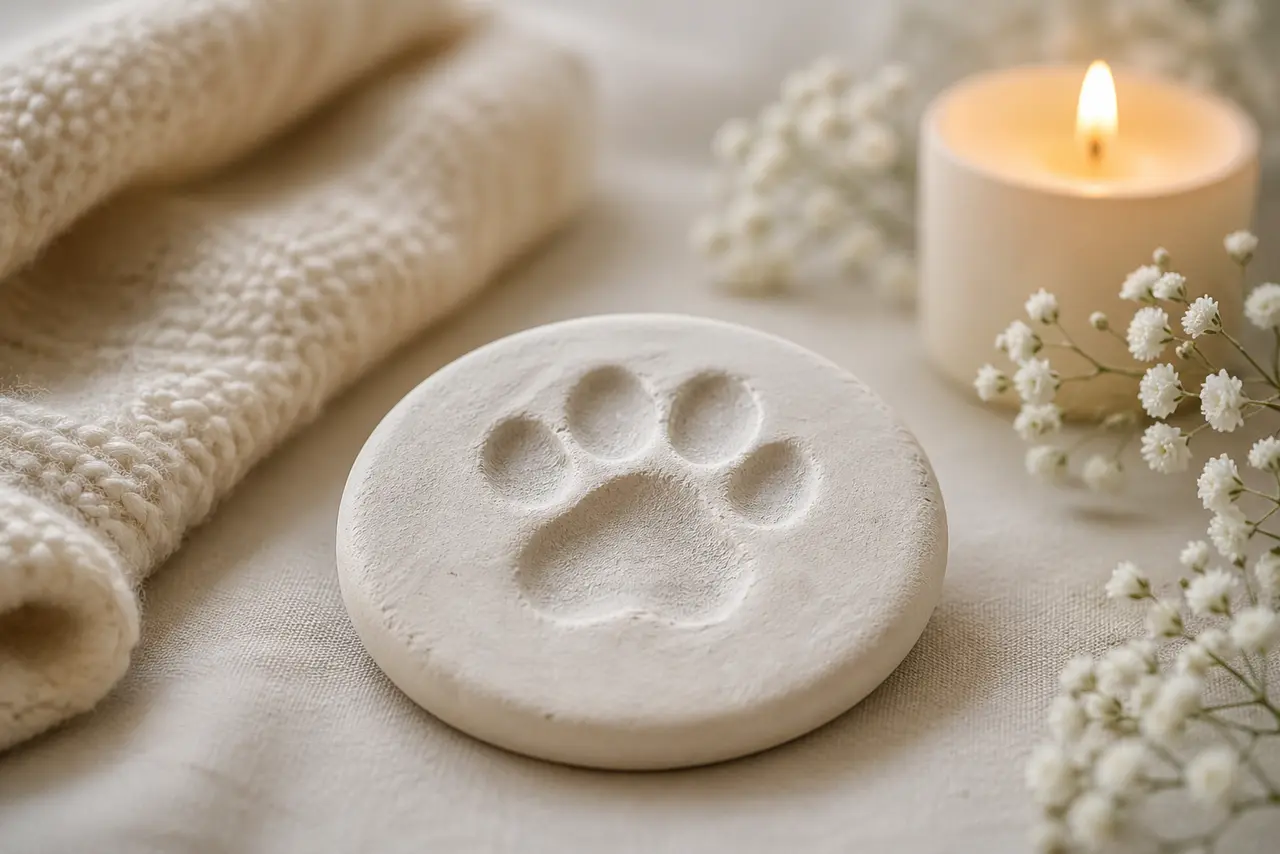 A clay paw-print keepsake rests on a cream blanket beside a lit candle and sprigs of baby's breath.