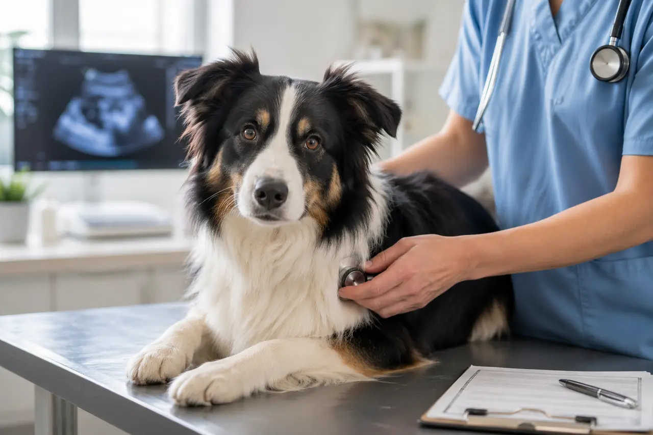 A border collie rests on the exam table while a veterinarian listens with a stethoscope, beside a digital ultrasound display.
