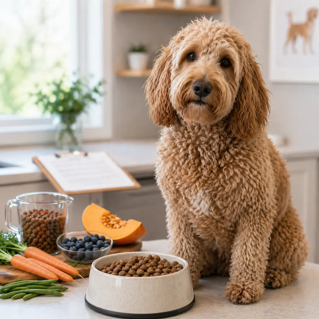 A goldendoodle sits at a kitchen counter beside a bowl of kibble, fresh vegetables, and a feeding-plan clipboard.