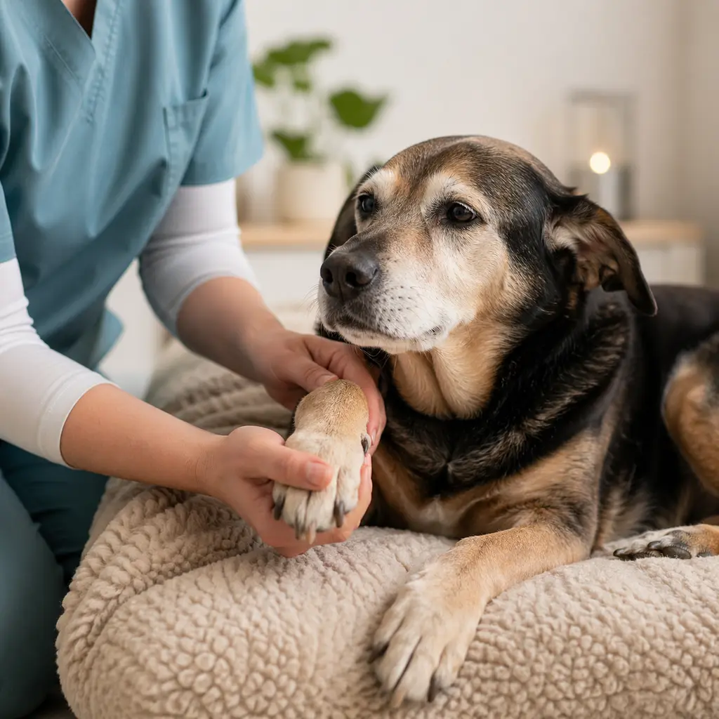 A senior dog rests on a bolster bed while a veterinary team member gently supports its paw.
