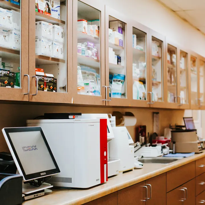 The in-house pharmacy at Granite Mountain Veterinary Hospital, stocked with prescription pet medications.