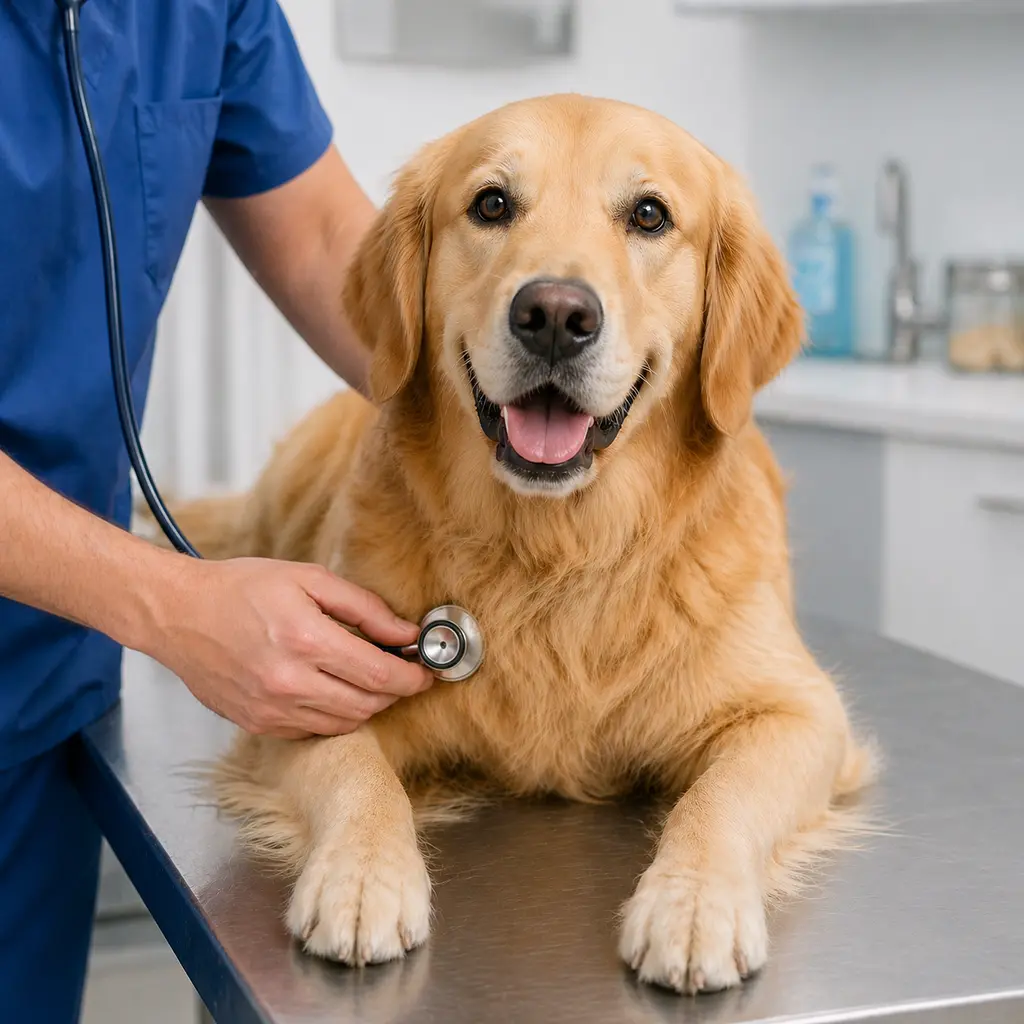 A golden retriever sits calmly on the exam table while a veterinary technician listens with a stethoscope.
