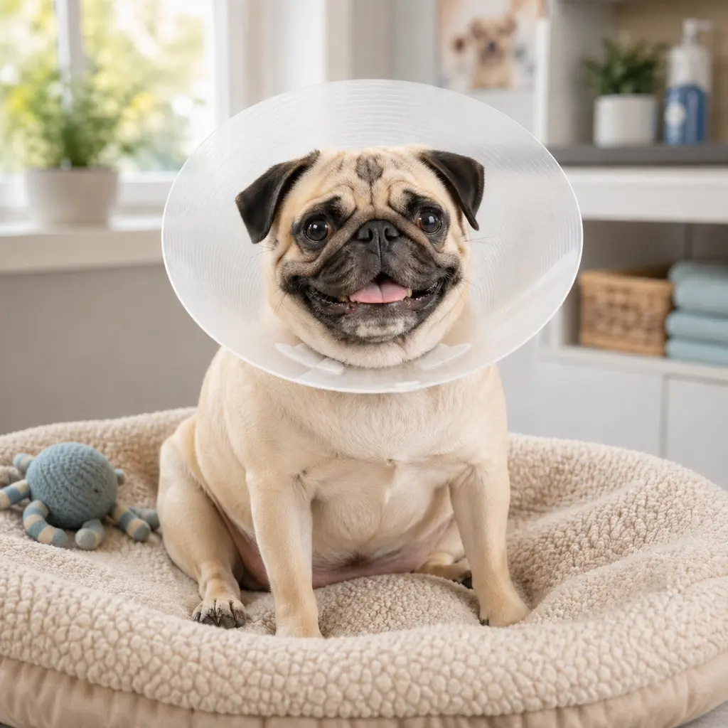 A pug rests in a soft cushioned bed wearing a clear recovery cone after surgery.