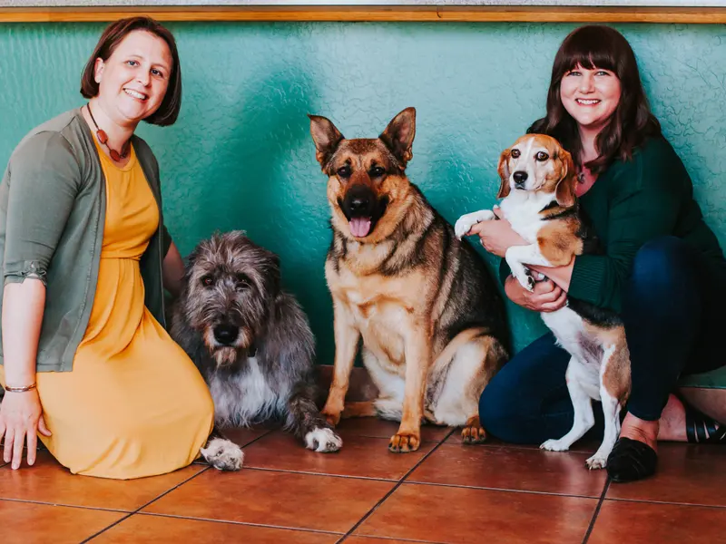 Dr. Bason and Dr. Siens seated with three dogs against the green lobby wall.