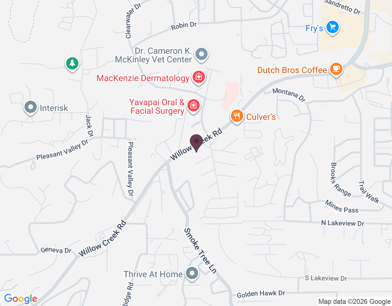 Map showing the location of Granite Mountain Veterinary Hospital at 3073 Willow Creek Rd, Prescott, AZ.